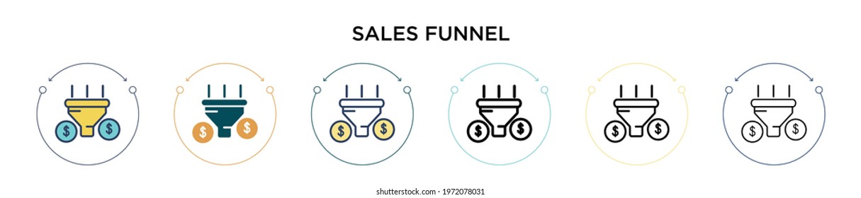 Sales funnel icon in filled, thin line, outline and stroke style. Vector illustration of two colored and black sales funnel vector icons designs can be used for mobile, ui, web