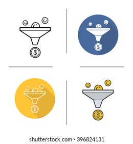 Sales funnel icon. Flat design, linear and color styles. Finance and investments concept. Marketing funnel isolated vector illustrations
