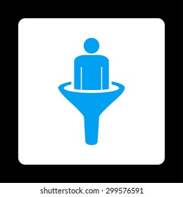 Sales funnel icon. Vector style is blue and white colors, flat rounded square button on a black background.