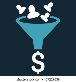 Sales Funnel icon. Vector style is bicolor flat iconic symbol with rounded angles, blue and white colors, dark blue background.