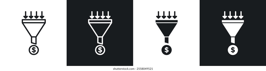 Sales funnel icons pack in black and white filled and outlined versions.
