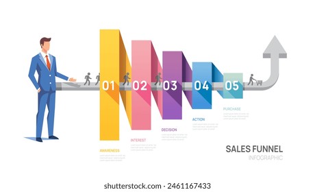 Embudo de ventas Plantilla de diagrama de infografía para negocios.5 flechas de paso, marketing y negocio de inicio, infografías de Vector.