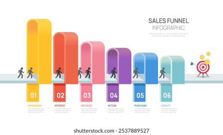 Verkaufstrichter Infografik Diagramm Vorlage für Business.6 Schritte Marketing und Start-up-Geschäft, Vektor-Infograph.