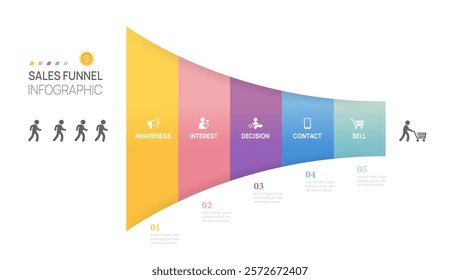 Sales funnel Infographic diagram template for business. Modern  arrow Timeline 5 step level, presentation vector infographics.