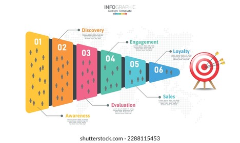 Sales funnel infographic template with 6 steps for marketing and startup business.