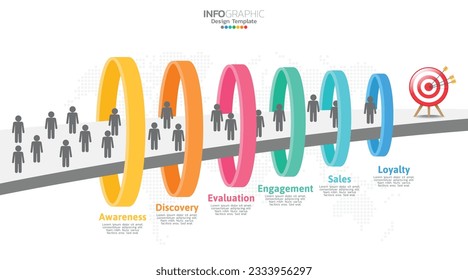 Sales funnel infographic template with 6 steps for marketing and startup business.