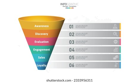 Sales funnel infographic template with 6 steps for marketing and startup business.