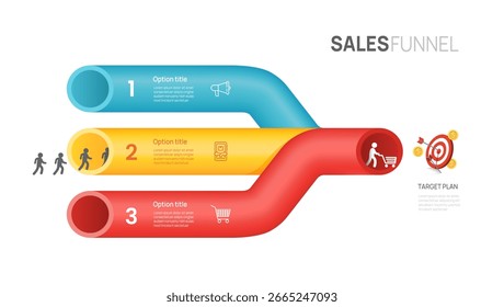 Verkaufstrichter-Infografik-Vektorvorlage mit 3 Schritten für digitales Marketing und Startup-Business.
