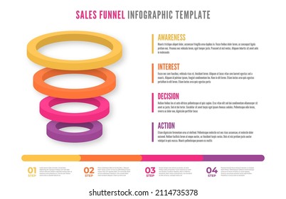 infografías del embudo de ventas. Medios sociales e Internet marketing Funnel de ventas. Infografía de negocio con etapas del embudo de ventas. Vector