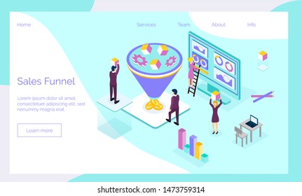 Sales funnel isometric concept vector with tiny people, diagrams, coins, gears, cubes, display are shown for digital marketing, e-commerce and busines. Landing page is suitable for website, banner.