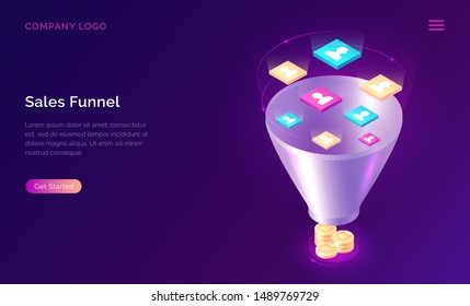 Sales funnel, isometric concept vector illustration. Marketing funnel with data drawn into it for analysis, optimization and sales generation, digital tool for profit growth. Template landing web page