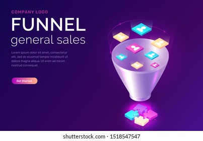 Sales funnel, isometric concept vector illustration. Marketing funnel with data drawn into it for analysis, optimization and sales generation, puzzle elements or successful jigsaw solution, banner