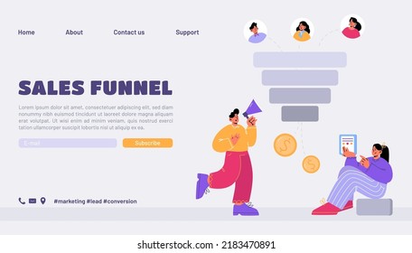Sales funnel landing page, business characters with loudspeaker and filter. Digital marketing, lead generations strategy, buyers, conversion, rate optimization concept, Line art flat vector web banner