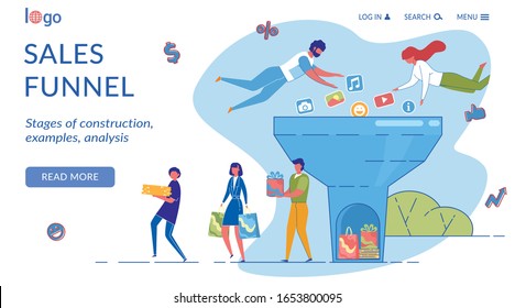 Sales Funnel Landing Page Flat Vector Template. Client Lead Generation. Marketing Conversion Website Homepage Cartoon Layout. Sales Pipeline Analyzing. Customers Characters with Purchases