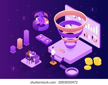 Sales Funnel And Lead Generation. Marketing Strategy. Sales Pipeline Management,The Man Analyzes The Sales Funnel Based On Statistical Data. A Woman Working At Computer. Isometric Vector Illustration