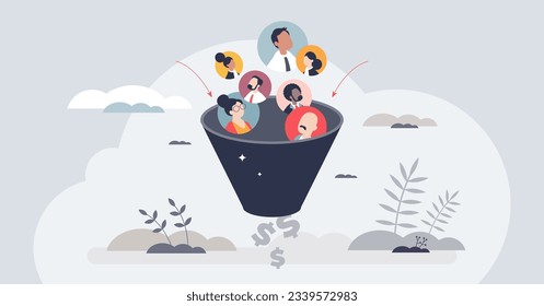 Embudo de ventas como lleva a la conversión para comprar el concepto de persona pequeña con beneficios. Proceso de gestión de clientes y clientes con conocimiento, compromiso, evaluación, compra y fidelización de etapas de ilustración vectorial.