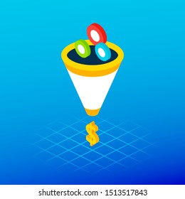 Sales Funnel Leads Money Concept. Vector Illustration of Business Isometry.