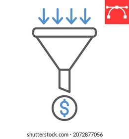 Sales Funnel Line Icon, Dollar Sign And Money, Sales Funnel Vector Icon, Vector Graphics, Editable Stroke Outline Sign, Eps 10.