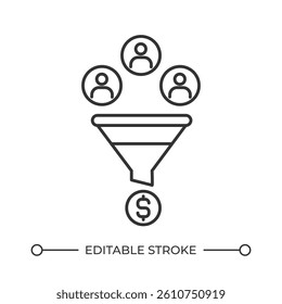 Sales funnel line icon. Engaging customers to buy products. Business model for purchases increasing. Isolated vector illustration. Outline symbol. Simple linear drawing. Editable stroke