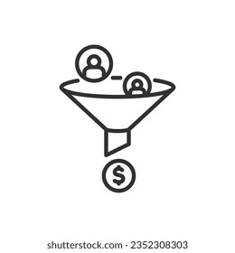 Sales Funnel, linear icon. People get in and bring in money. Line with editable stroke