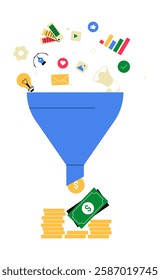 Sales Funnel With Marketing Elements In Flat Vector Illustration Symbolizing Digital Marketing, Lead Generation, And Revenue Conversion, Isolated On White Background.