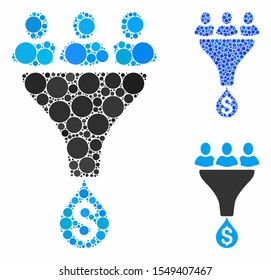 Sales funnel mosaic of circle elements in various sizes and color tinges, based on sales funnel icon. Vector circle elements are combined into blue collage.
