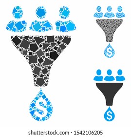 Sales funnel mosaic of rough items in variable sizes and color hues, based on sales funnel icon. Vector rough items are grouped into mosaic. Sales funnel icons collage with dotted pattern.