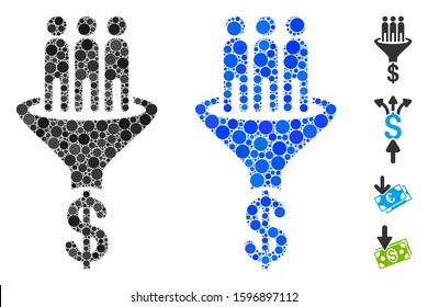 Sales funnel mosaic of round dots in different sizes and shades, based on sales funnel icon. Vector round dots are combined into blue illustration. Dotted sales funnel icon in usual and blue versions.