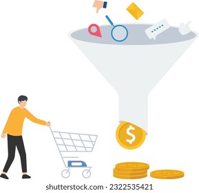 Sales funnel or online marketing conversion rate, Customer flow from awareness, Click and purchase product on e-commerce website, Holding shopping cart with money coin from sales funnel


