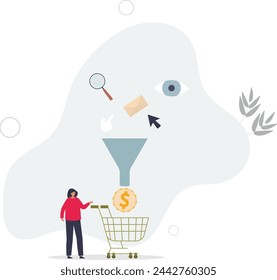 Sales funnel or online marketing conversion rate, customer flow from awareness, click and purchase product on e-commerce website.