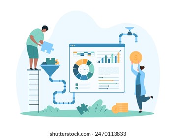 Sales funnel, online marketing conversion process and idea monetization. Tiny people make money from puzzle flow and analytics charts, strategy of increase revenue cartoon vector illustration