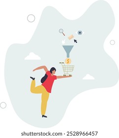 Sales funnel or online marketing conversion rate, customer flow from awareness,flat design with people.
