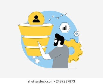 Sales funnel optimization - lead generation and conversion rates funnel. Digital marketing, sales analytics strategy. Targeted marketing with business growth isolated vector illustration with icons