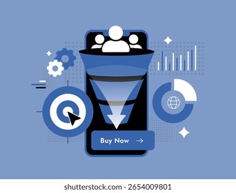 Otimização de funil de vendas em marketing móvel com controle de conversão de negócios, métricas de interação do usuário e botões de clique-para-comprar. Ilustração de vetor de design plano de otimização de funil de vendas com ícone