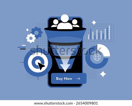 Sales funnel optimization in mobile marketing with conversion tracking business, user interaction metrics and click-to-buy buttons. Sales funnel optimization flat design vector illustration with icon