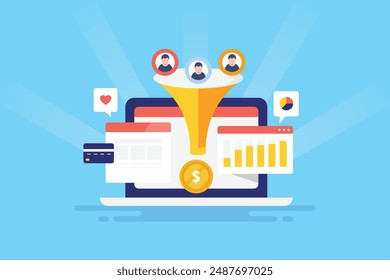 Sales funnel optimization, Website funnel, customer conversion optimization, Lead generation, Qualified leads - vector illustration background with icons