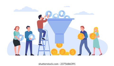 Sales funnel. Process of communicating and attracting new customers. Followers management. Generating revenue. Clients conversion to coins. Marketing vortex metaphor