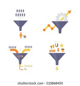 Sales Funnel set of flat design vector illustrations. Conversion optimization, lead magnets and funnel ab tests infographics elements. Internet marketing conversion concepts collection.