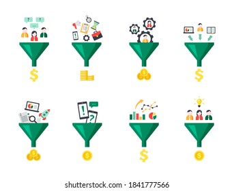 Equipo de embudo de ventas. Sistema de marketing de optimización que convierte la mano de obra humana y el tiempo en estrategia de beneficios de inversiones financieras y análisis de generación de conciencia empresarial. Vector clipart.