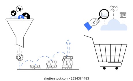 A sales funnel showing lead conversion into profit, magnifying glass examining data, a shopping cart, and cloud storage symbolize sales optimization, data analysis, e-commerce, cloud technology