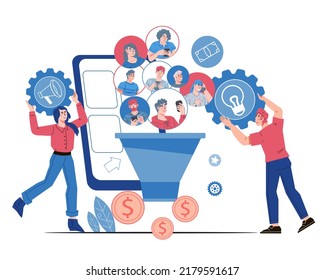 Sales funnel and SMM management work. SMM team increasing conversion rates and attracting followers and customers, generating new leads, flat vector illustration isolated on white background.