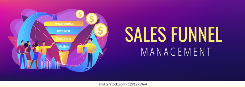 Sales funnel stages, potencial customers, buyer with purchase. Sales funnel management, customer journey representation, sales funnel stages concept. Header or footer banner template with copy space.