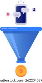 Sales funnel transforming online customers engaging through smartphones into revenue, highlighting digital marketing and lead generation strategies for effective business growth