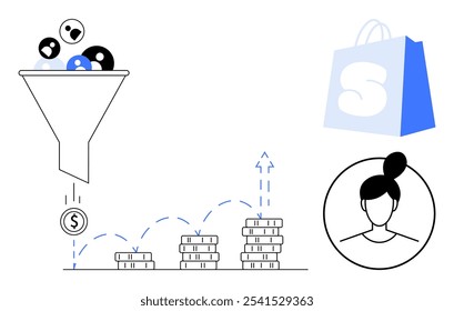 Funil de vendas com ícones do usuário convertendo para símbolos de dinheiro e aumentando a pilha de moedas ao lado de sacola de compras e perfil do usuário. Ideal para estratégias de negócios, técnicas de marketing, otimização de vendas