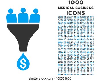 Sales Funnel vector bicolor icon with 1000 medical business icons. Set style is flat pictograms, blue and gray colors, white background.