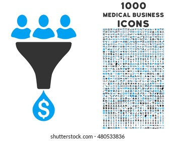 Sales Funnel vector bicolor icon with 1000 medical business icons. Set style is flat pictograms, blue and gray colors, white background.