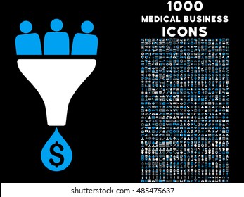 Sales Funnel vector bicolor icon with 1000 medical business icons. Set style is flat pictograms, blue and white colors, black background.