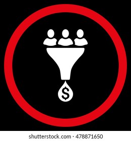 Sales Funnel vector bicolor rounded icon. Image style is a flat icon symbol inside a circle, red and white colors, black background.