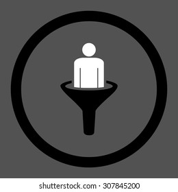 Sales funnel vector icon. This rounded flat symbol is drawn with black and white colors on a gray background.