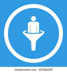 Sales funnel vector icon. This rounded flat symbol is drawn with white color on a blue background.